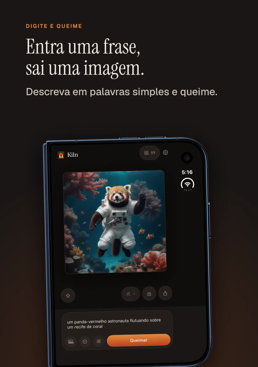 O Kiln no iPhone Duo transformando uma frase na imagem de um panda-vermelho astronauta