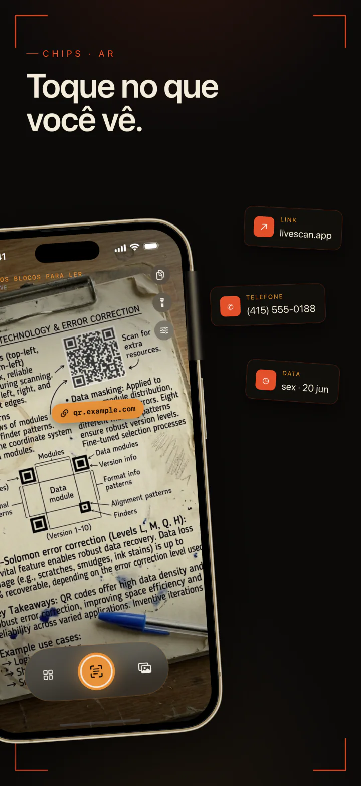 O LiveScan lendo um QR code e uma página impressa, com botões para um link, um telefone e uma data