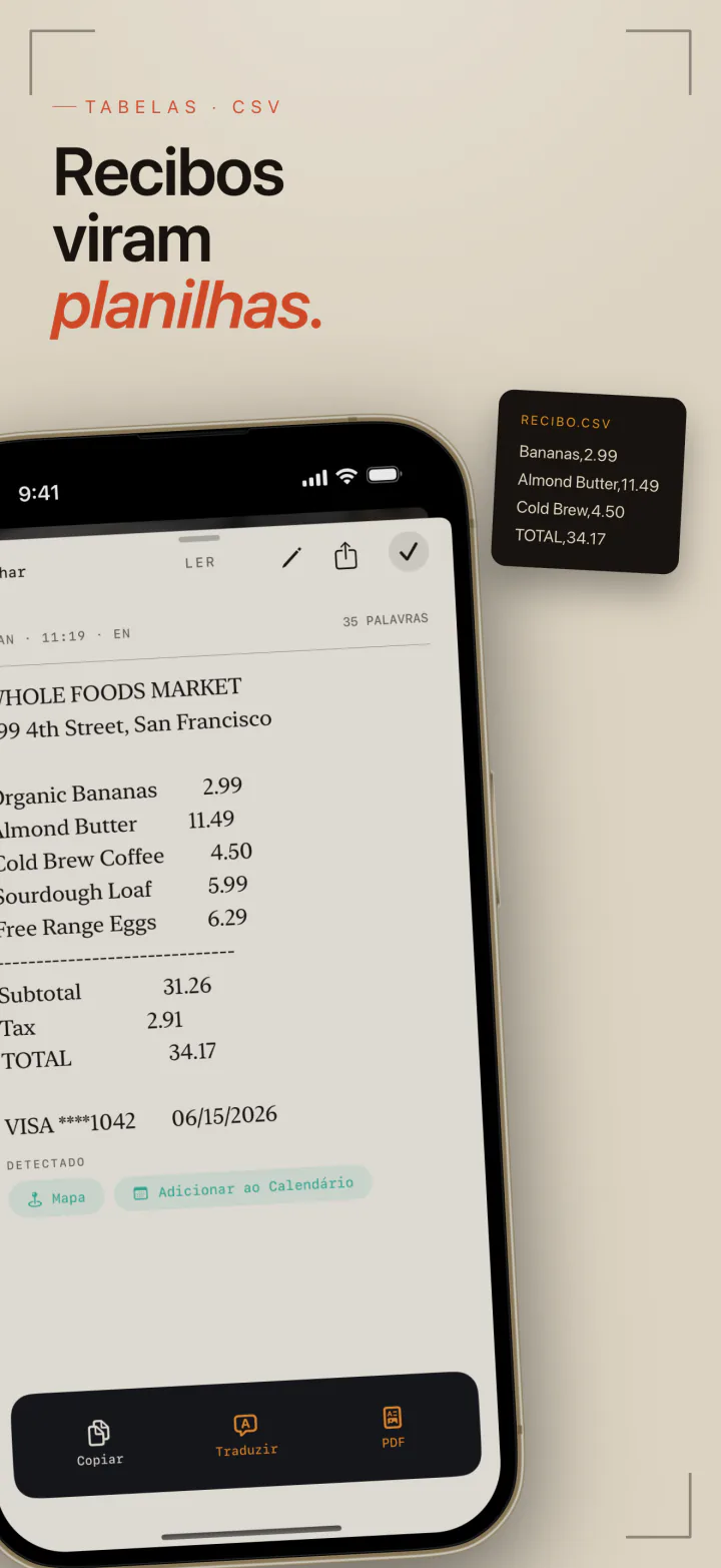 Um recibo de supermercado capturado pelo LiveScan e reconstruído em linhas e colunas para exportar em CSV