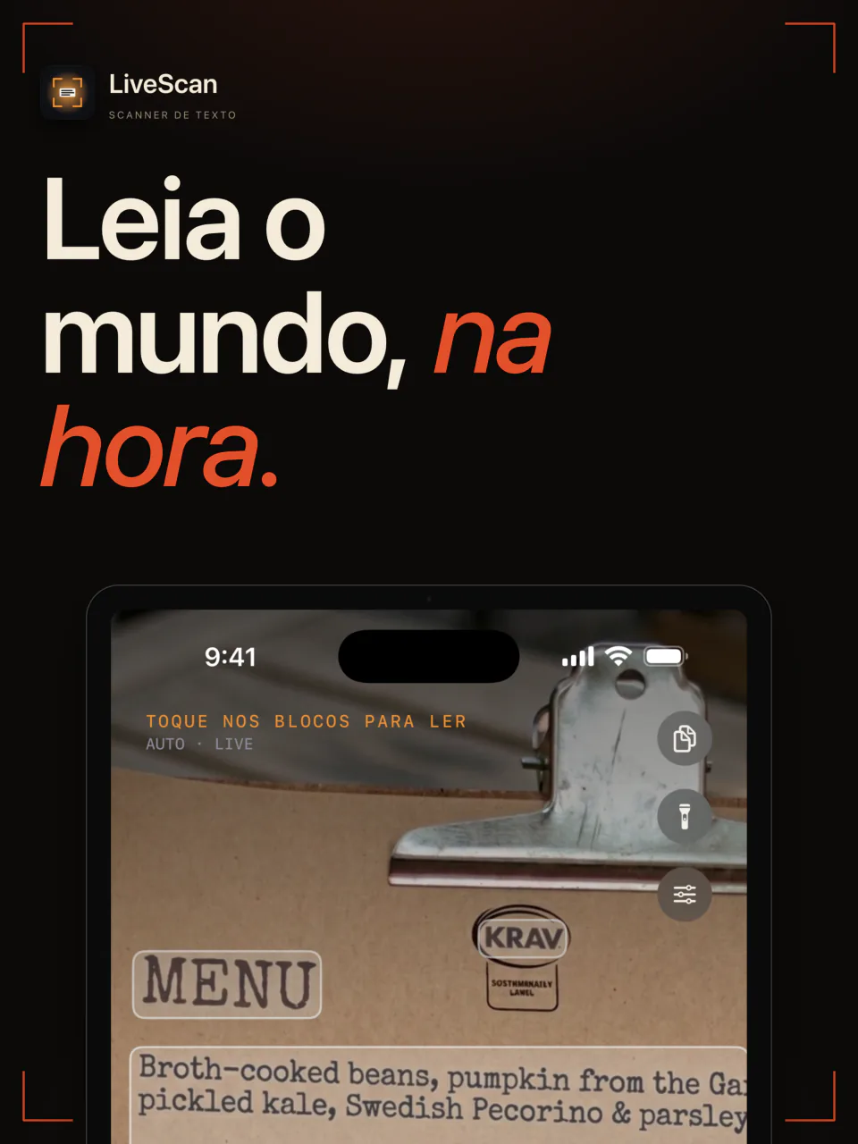 O LiveScan no iPad lendo ao vivo no visor o texto de um cardápio de restaurante impresso