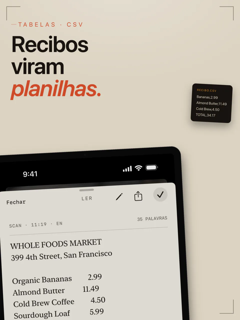 Um recibo de supermercado capturado pelo LiveScan no iPad e reconstruído em linhas e colunas para exportar em CSV