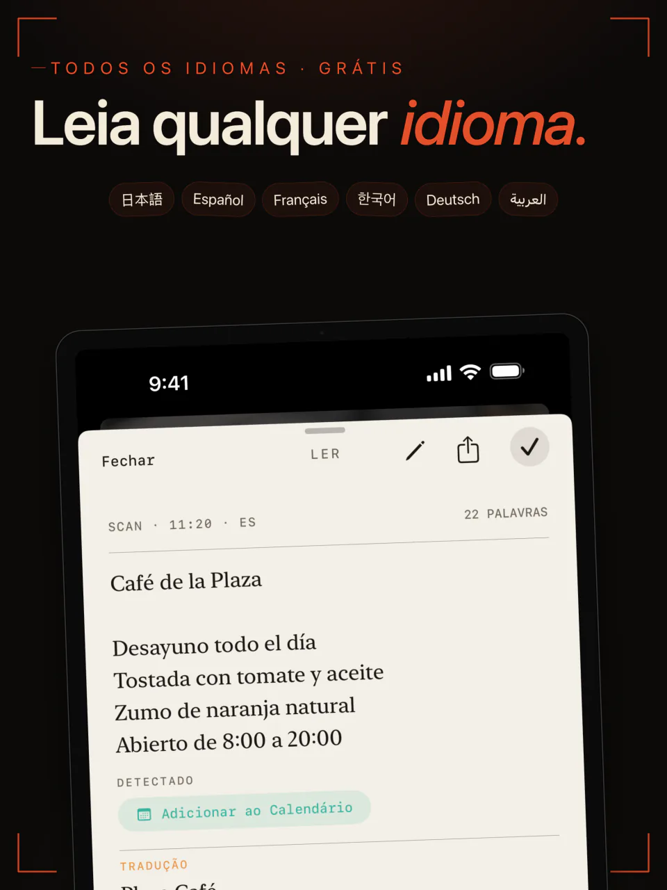 O LiveScan no iPad lendo o cardápio de um café em espanhol, com japonês, espanhol, francês, coreano, alemão e árabe entre seus idiomas