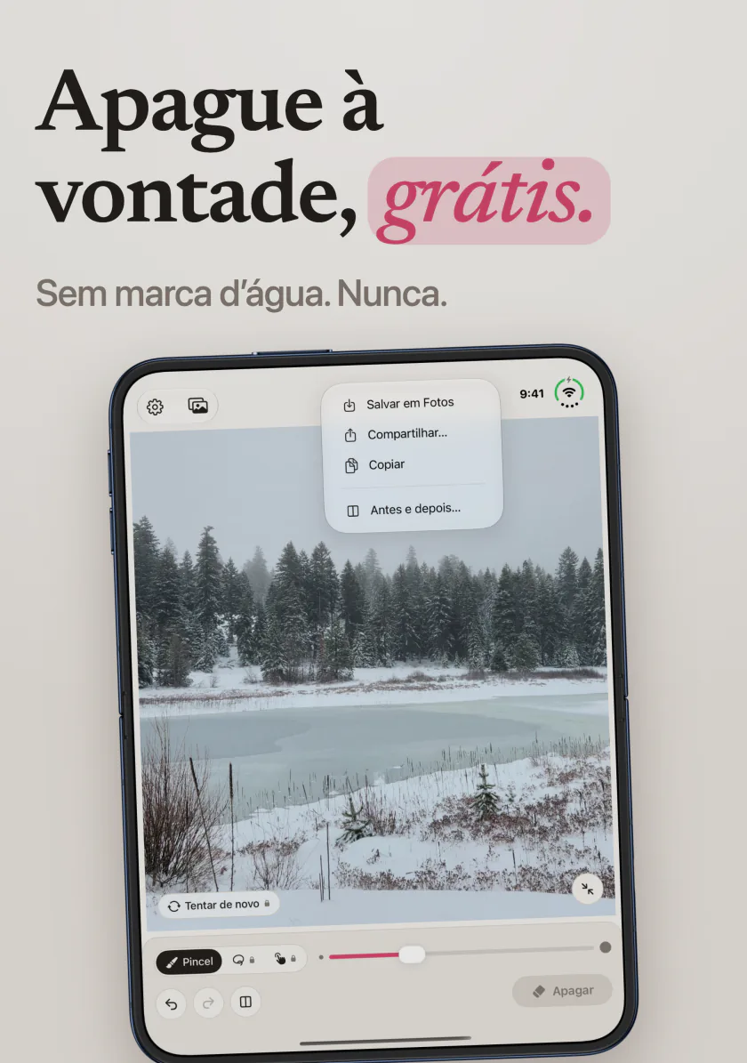 O Mend no iPhone Duo com um lago nevado sem marca d’água e o menu com Salvar em Fotos, Compartilhar e Antes e depois