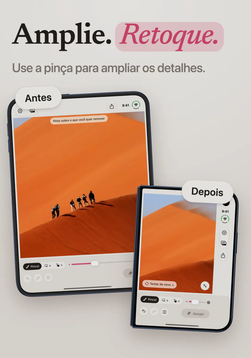 Uma foto de caminhantes numa duna laranja antes e depois de o Mend no iPhone Duo apagá-los