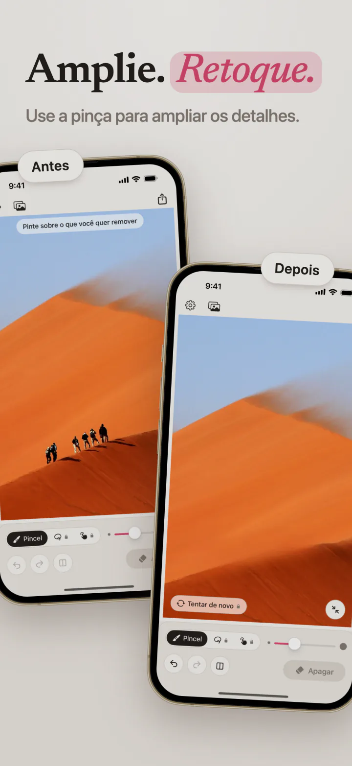 Uma foto de caminhantes numa duna laranja antes e depois de o Mend no iPhone apagá-los