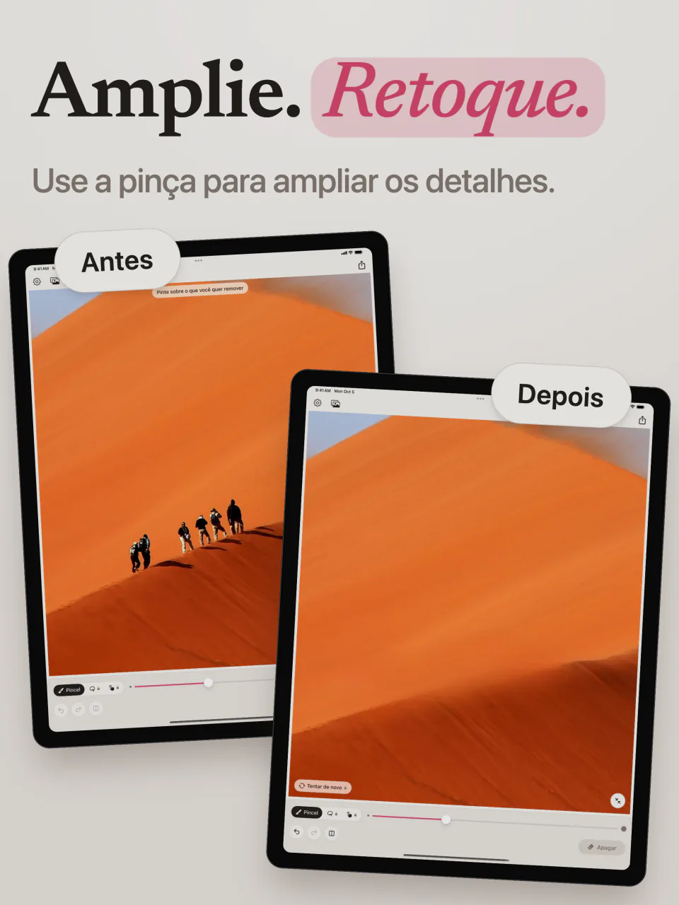 Uma foto de caminhantes numa duna laranja antes e depois de o Mend no iPad apagá-los