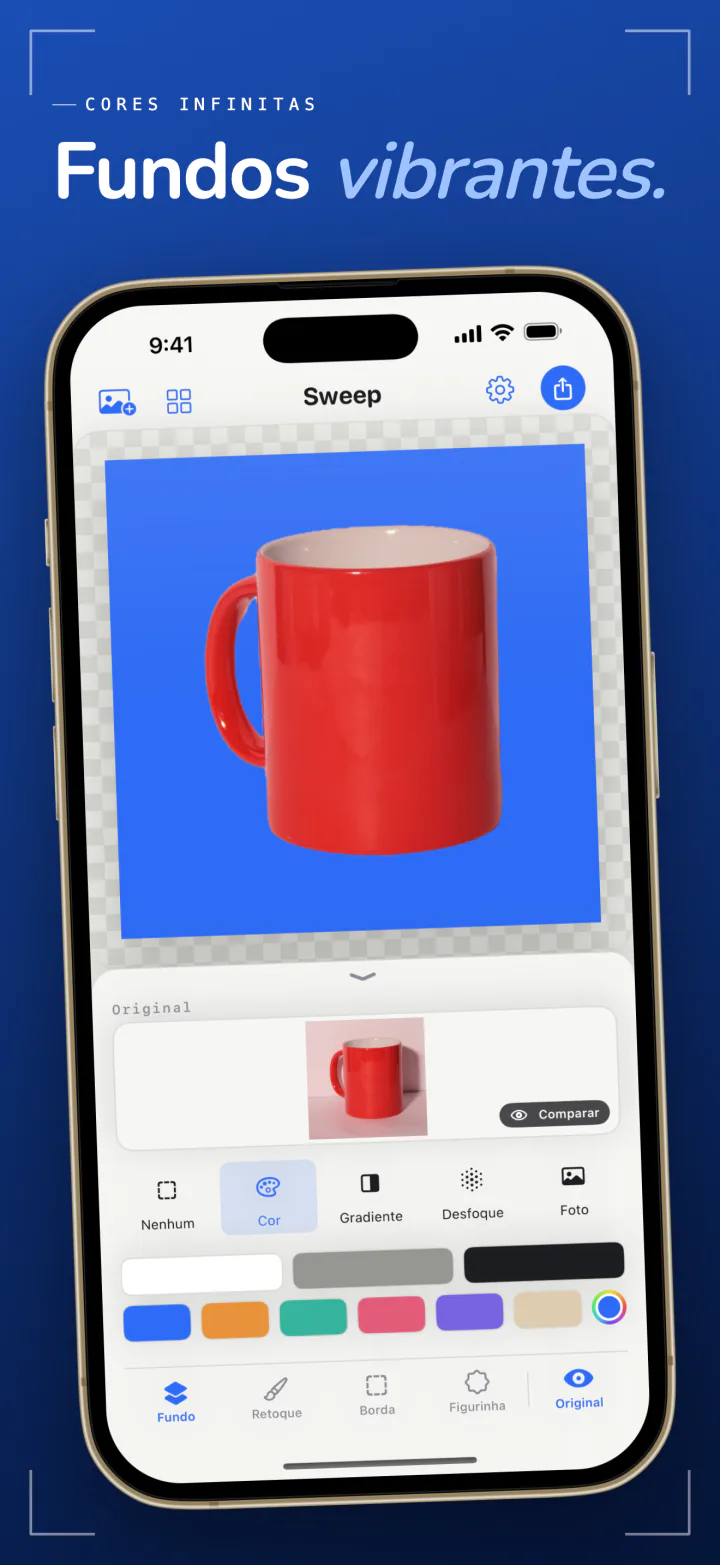 Sweep no iPhone colocando uma caneca vermelha sobre um fundo azul liso, com uma fileira de amostras de cor