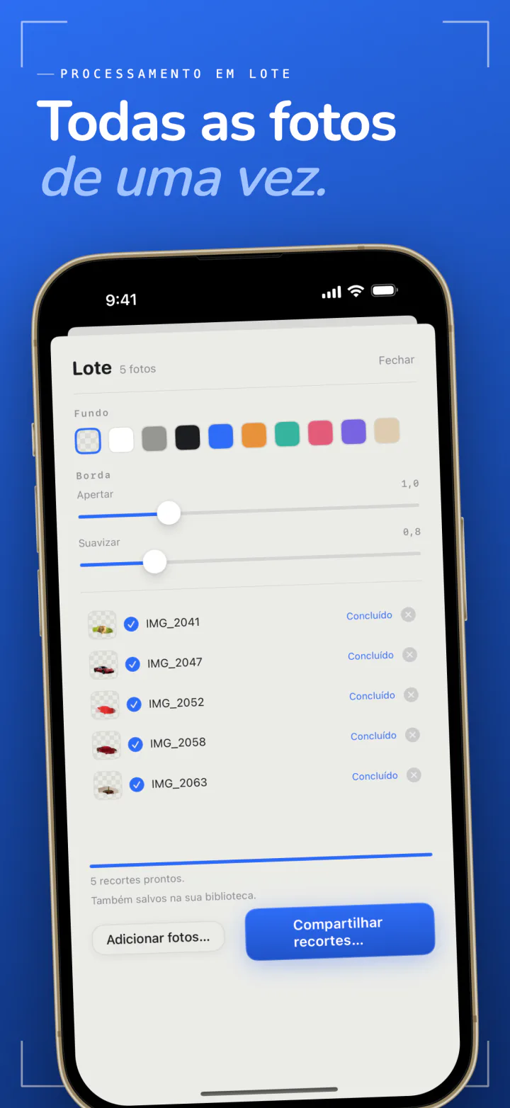 O processamento em lote do Sweep no iPhone com cinco fotos recortadas de uma vez