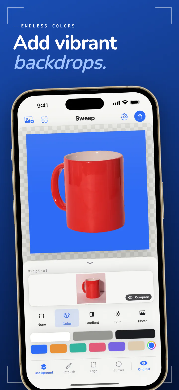 Sweep on iPhone placing a red mug on a solid blue background, with a row of color swatches