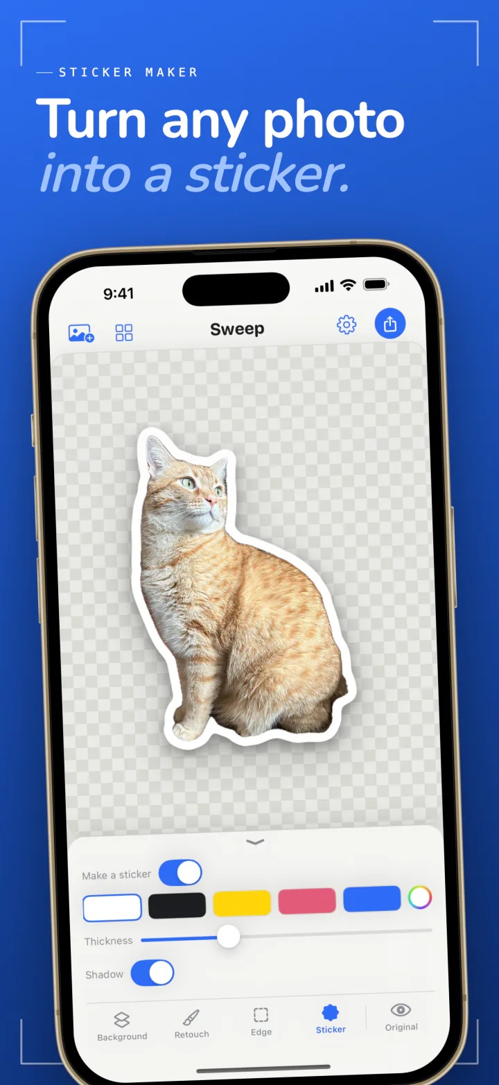 Sweep sticker maker on iPhone turning a cat into a sticker with a white outline