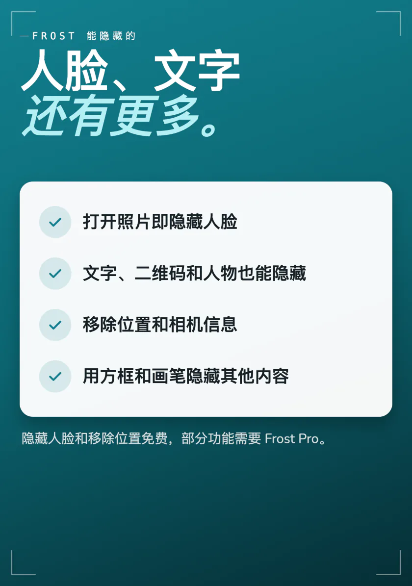 Frost 能隐藏的内容：打开时的人脸，文字、二维码和人物，位置和相机信息，以及用于其他内容的方框和画笔