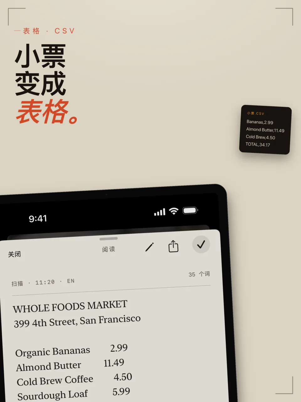 iPad 上的 LiveScan 拍下的一张超市小票,被重建成行和列以便导出为 CSV