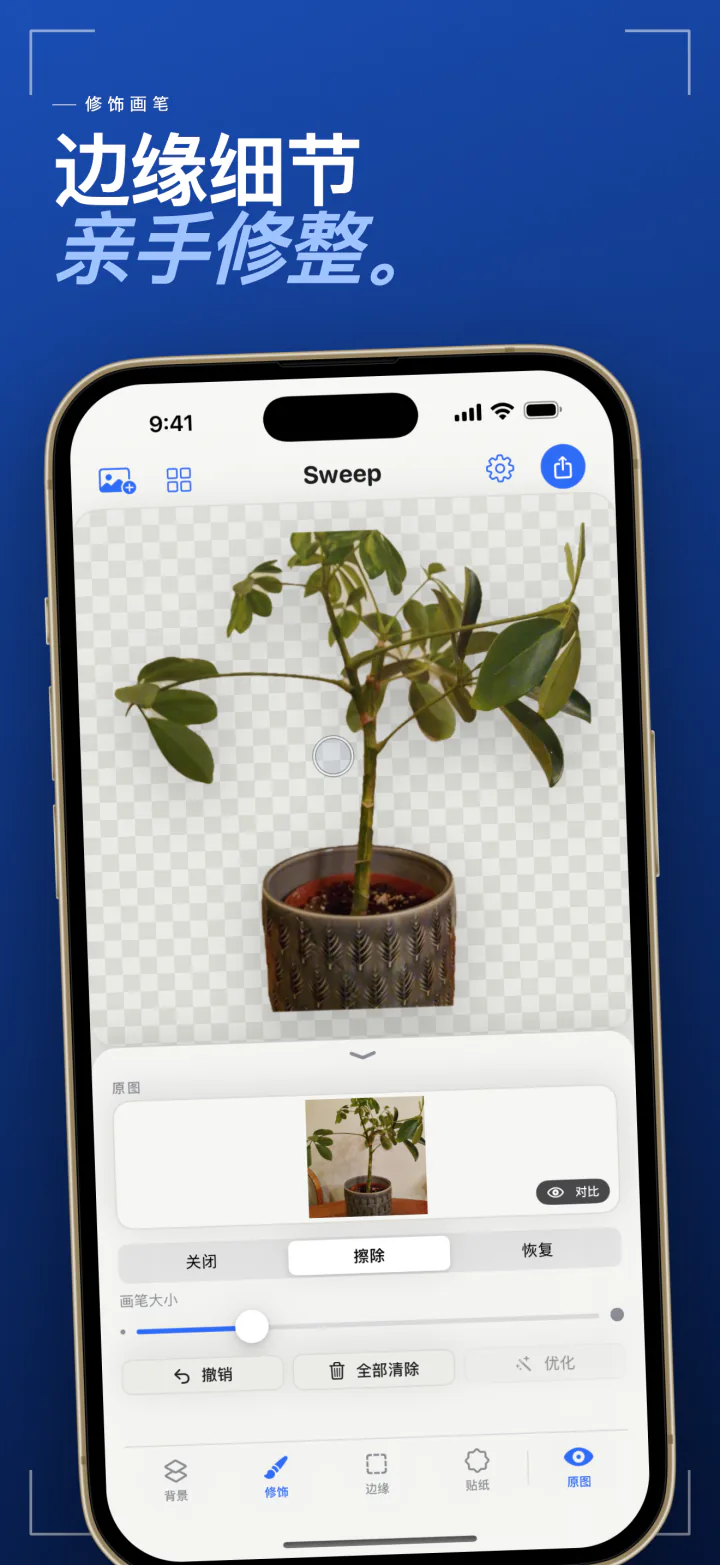 iPhone 上的 Sweep 修饰画笔,使用擦除和恢复模式清理盆栽的边缘